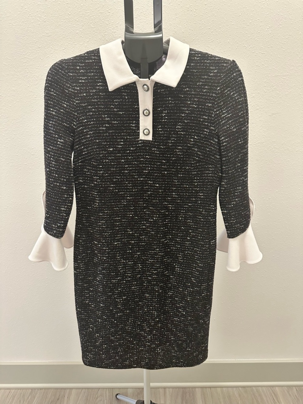 Black Knit Collared Dress with White Contrast Trim